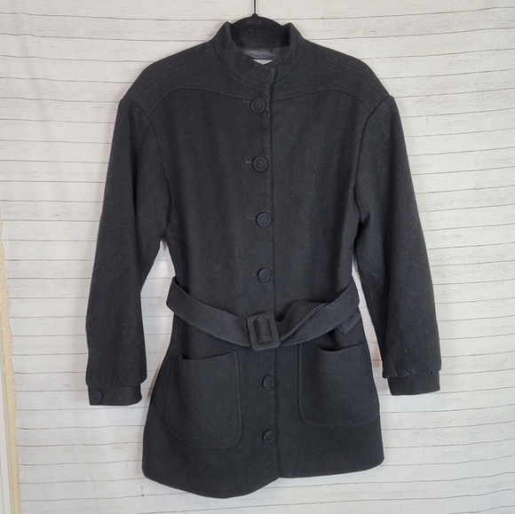 SOMETHING NAVY BLACK WOOL BLEND PEA COAT W BELT, SZ SMALL - Picture 1 of 13